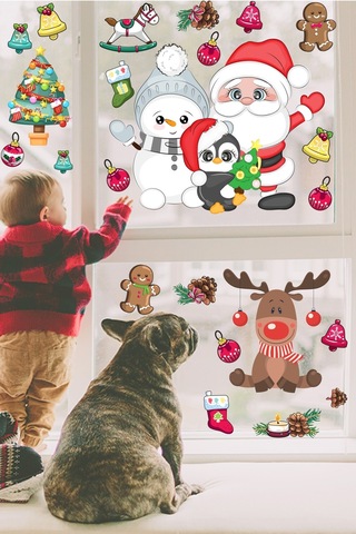 Sevimli Kardan Adam Noel Baba Ve Geyik Temalı Yılbaşı Pencere Sticker