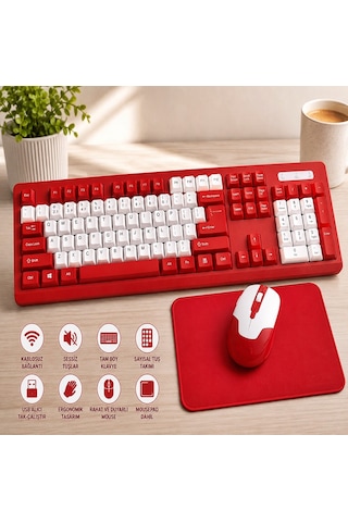 Kablosuz Klavye Mouse Seti 2.4ghz Usb Nano Alıcılı Q Klavye Sessiz Tuşlu Ergonomik + Mouse Pad li Kırmızı Beyaz Diğer