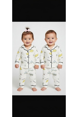 Eray Bebe Dinazor Desenli Unısex Pijama Takımı Beyaz - Sarı
