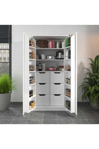 90 Derece Açılabilir 2 Kapaklı, 6 Çekmeceli, Kavanoz Raflı Kiler Ve Erzak Mutfak Dolabı Beyaz
