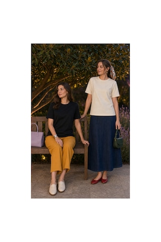 Modi Green Premium Oysho Model 2'li Unisex Regular Oversize Sıfır Yaka Tişört - Siyah - Ekru