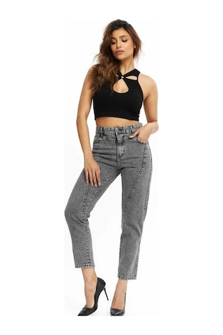 Kene Jeans Yüksek Bel Ön Conta Çımalı Mom Kot Jeans Kar Siyah