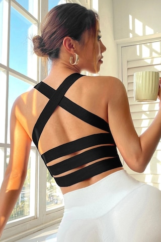 Veraura Lifestyle Kadın Siyah Sırtı Çapraz Lastik Detaylı Crop Top Bluz