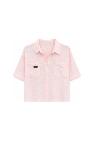 Mixray 4625 Kadın Kısa Kol Çift Cepli Oversize Gömlek Pembe