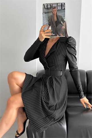 Dip Moda Kadın Deri Ve Omuz Detaylı Çizgili Elbise Kklf64 Siyah