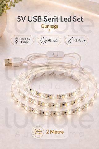 2 Metre Günışığı Usb Şerit Led 5v Aç Kapa Anahtarlı Mutfak Tv Masa Raf Powerbank Işık