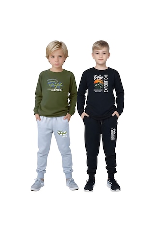 2li Erkek Çocuk Baskılı Sıfır Yaka Mevslimlik Alt-üst Takım Haki - Lacivert