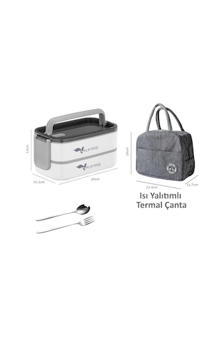 Valkyrie 1350 Ml Termal Yemek Kabı Seti Çelik Bölmeli Sızdırmaz Lunch Box + Isı Yalıtımlı Çanta Beyaz - Gri