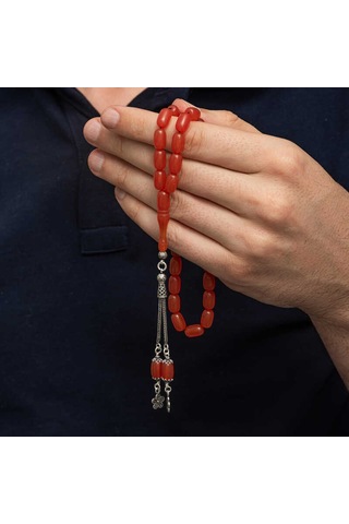 Gümüş Püsküllü Kapsül Kesim Sıkma Kehribar Tesbih Sl12597 Gümüş