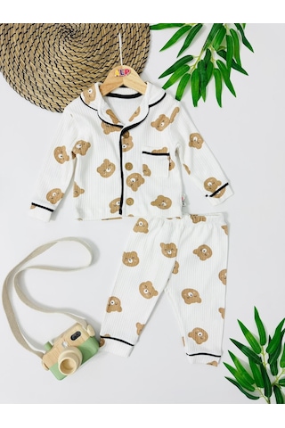 Bear Önden Düğmeli Mevsimlik 2 Parça Pjama Takımı Kahverengi
