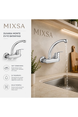 Lüx Duvardan Çift Su Girişli Mutfak-banyo Lavabo Bataryası Çeşmesi Musluğu Gri