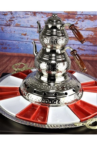 Sultan Nikel Kaplama Isıtıcılı Bakır Çaydanlık ve Kahvatı Seti