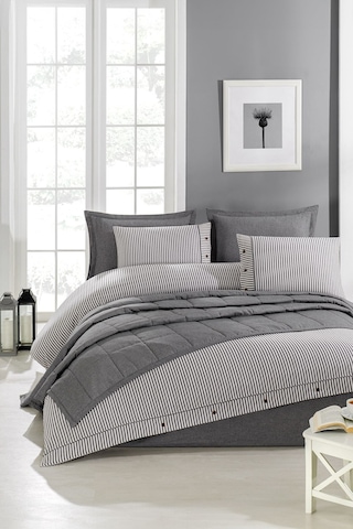 Life %100 Pamuk Nevresim Takımı Ve Yatak Örtüsü 7 Parça Antrasit Bej