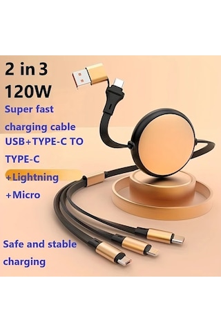 Honeybeeshop Beyaz Altın 120w 2de 3 Teleskopik Hizli Sarj Kablosu Usb Type C Micro Lightning Coklu Baslik İpdone Uyumlu Galaxy Uyumlu Xiaomi Huawei Icin