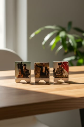 3 Lü Atatürk Mermer Tablo Seti 10x10 Cm Masaüstü Standlı Dekor, Hediyelik Ürün