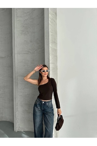 Kadın Kahverengi Tek Omuz Uzun Kollu Bluz