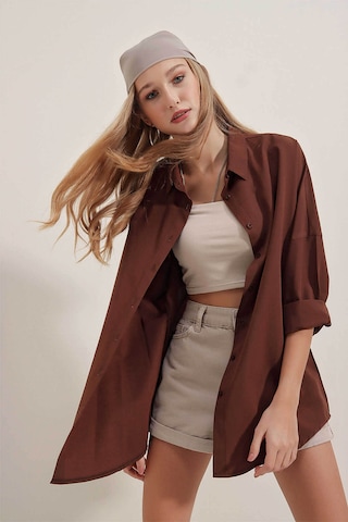 Bigdart Oversize Uzun Basic Kahverengi Kadın Gömlek 3900 Kahverengi