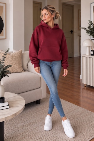 Lima Bordo Kadın Kapüşonlu Oversize Sweatshirt Kanguru Cepli Düz Renk Uzun Kollu Sweat