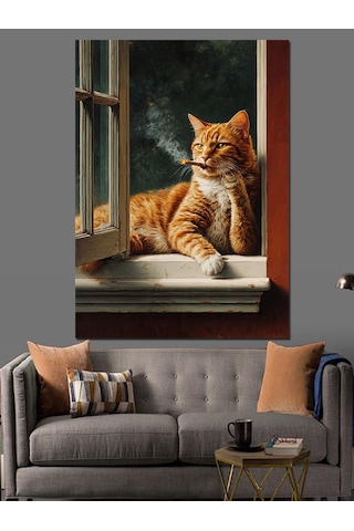 Ahşap Tablo Pencere Önünde Kedi Manzara