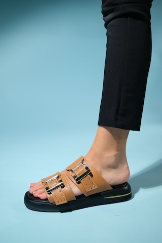 Luvishoes Zley Taba Şeffaf Tokalı Kadın Terlik Taba