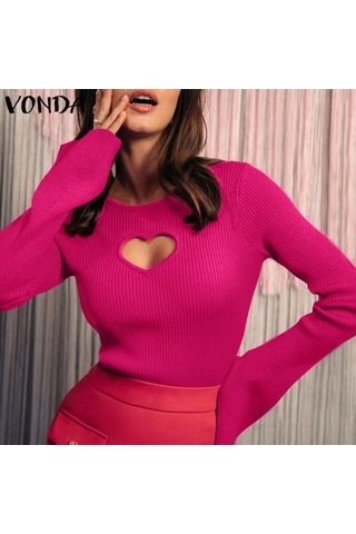 Vonda Kadın Vintage Yuvarlak Yaka Uzun Kollu Dar Kazak Kazaklar Siyah