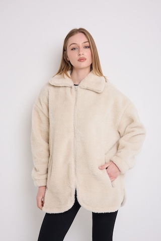 Kadın Ekru Peluş Rüzgar Geçirmez Welsoft Çift Cepli Kışlık Mont Kaban Ekru