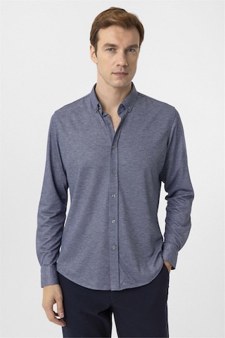 Süvari Lacivert Slim Fit Armürlü Düğmeli Yaka Gömlek-34584 Lacivert