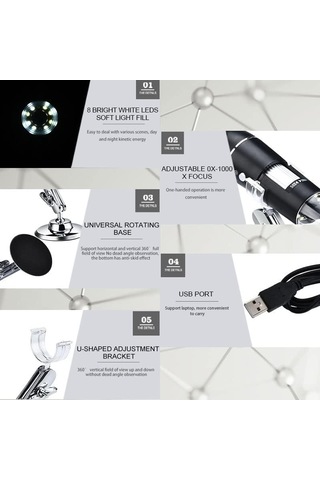 Mikroskop Aksesuarları Kiti 500x 1000x 1600x Elektronik Dijital Mikroskop Usb Elde Taşınır