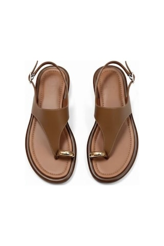 Ne&ve Shoes Taba Hakiki Deri Aksesuar Detaylı Parmak Arası Kadın Arkadan Tokalı Sandalet