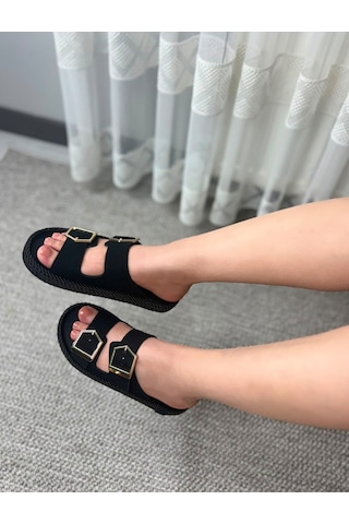 Asmi Shoes Kadın Eleni Siyah Süet Çift Tokalı Rahat Taban Terlik
