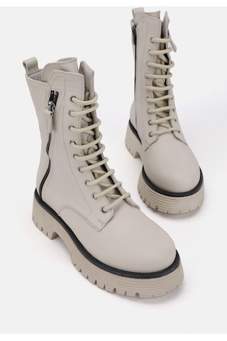 Kadın Bej Hakiki Deri 36-41 Numara Bağcıklı Bot & Bootie Bej