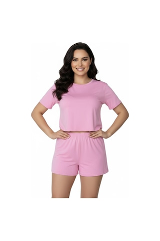Merlot T-shirt Şort Örme Pijama Takımı Pembe