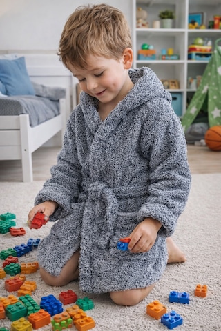 Luna Soft Kız / Erkek Çocuk Kapşonlu Wellsoft Bornoz Peluş Sabahlık Antrasit Antrasit