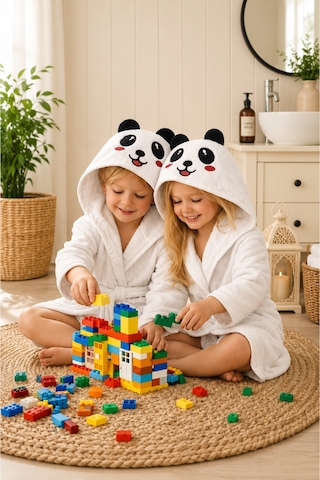 Panda Kapüşonlu Çocuk Bornozu Unisex Bebek ve Çocuk Banyo Bornozu, Yumuşak Dokulu, 1-10 Yaş 3-4 Yaş