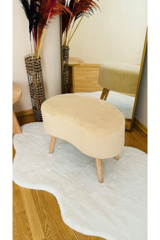 Fasulye Model Ahşap Ayaklı Teddy Kumaş Dekoratif Puf Bench Ekru