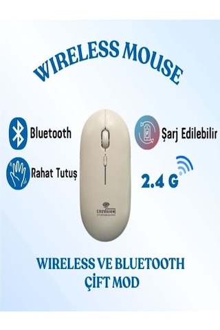 Şarj Edilebilir Kablosuz Mouse Bluetooth + 2.4g Çift Mod -