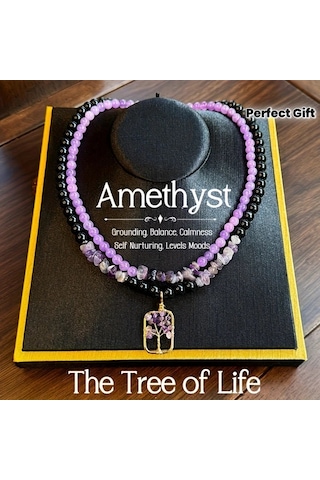 Willowhaven 2 Adet Doğal Ametist Kolye Hayat Ağacı Çift Katman Mor Siyah Günlük Takı