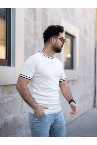 Erkek Triko Tişört Beyaz Beyaz - Siyah