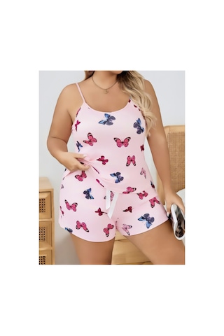 Lily Bianca Nightwear Çilek Desenli Askılı Ve Şortlu Büyük Beden Penye Gecelik Beyaz