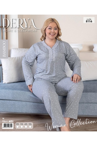 Derya Kadın Büyük Beden Dantel Yaka Bambu Uzun Kol İnce Pijama Takımı 8116g - 1 Adet Gri