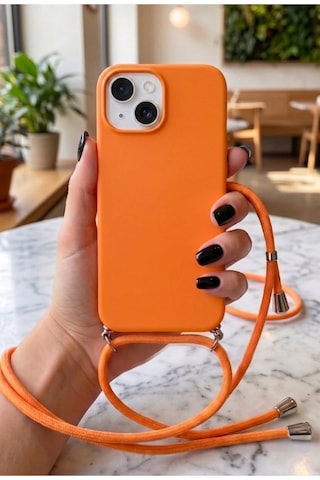 İphone 15 / 14 / 13 Uyumlu Askılı Yumuşak Silikon İçi Kadife Telefon Kılıfı İp 130 Cm Turuncu