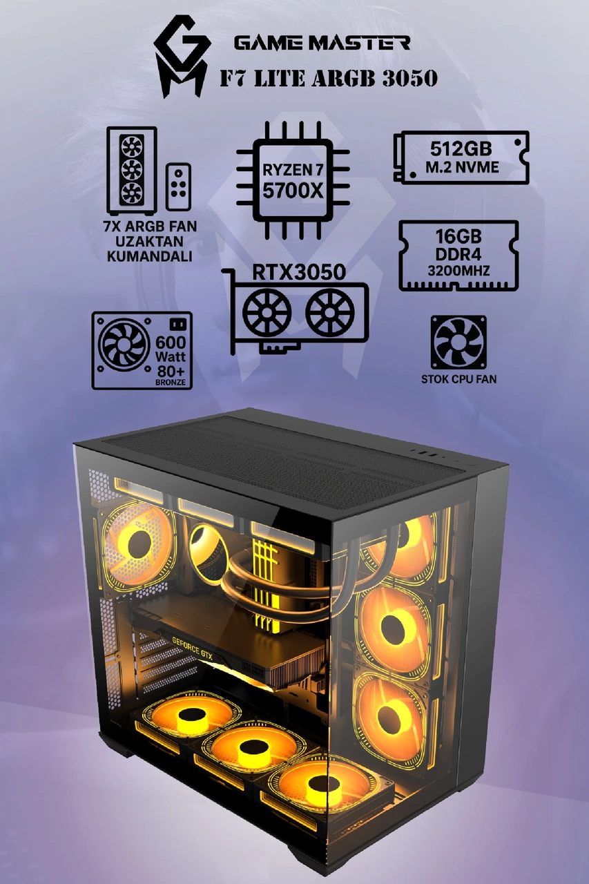 Game Master F7 Lite RTX3050 R7-5700X 16 GB 512 GB RTX 3050 Dos Masaüstü Oyuncu Bilgisayarı