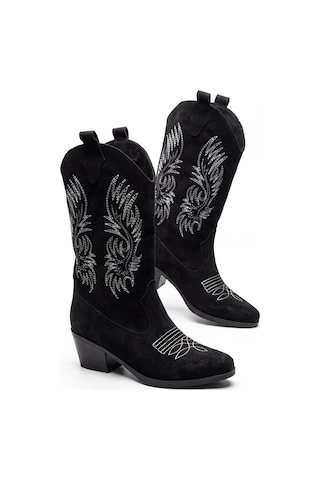 V.s.h Velvet Sara Kadın Western Basklılı Siyah Kovboy Çizme -2554
