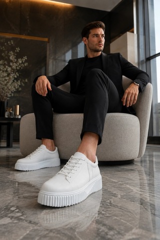 Mevese Dlob Erkek Bağcıklı Cilt Günlük Casual Spor Sneaker Ayakkabı - Beyaz