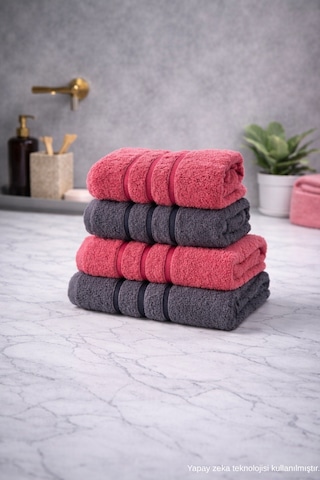 4'lü Pamuklu Banyo Havlu Seti 70x140-50x70 Antrasit - Pembe