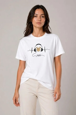 Defymoda Müzik Temalı Baskılı Tişört Bisiklet Yaka Kısa Kol T-shirt - Beyaz