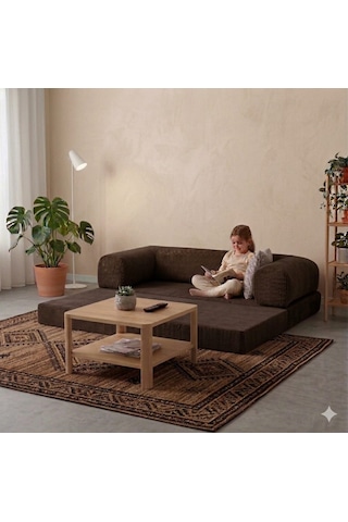 Herev 160x80 Sünger Koltuk İki Kişilik Kanepe Yataklı Yıkanabilir Kadife Kumaşlı Kahve