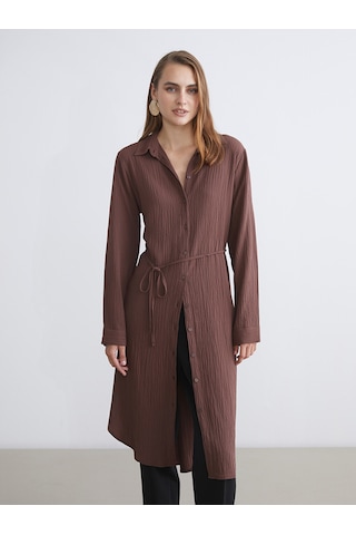 Lcwaıkıkı Classic Kahverengi Dokulu Oversize Kadın Gömlek Tunik