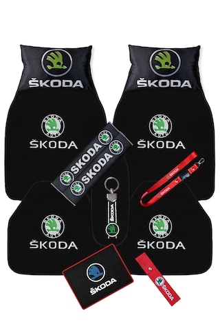Skoda Uyumlu 5'li Oto Paspas & Siyah Araç Boyun Yastığı - Emniyet Kemer Pedi Full Oto Aksesuar Seti