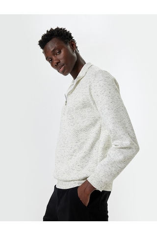 Koton Yarım Fermuarlı Sweatshirt Dokulu Pamuklu Beyaz 5wam70039mk Beyaz
